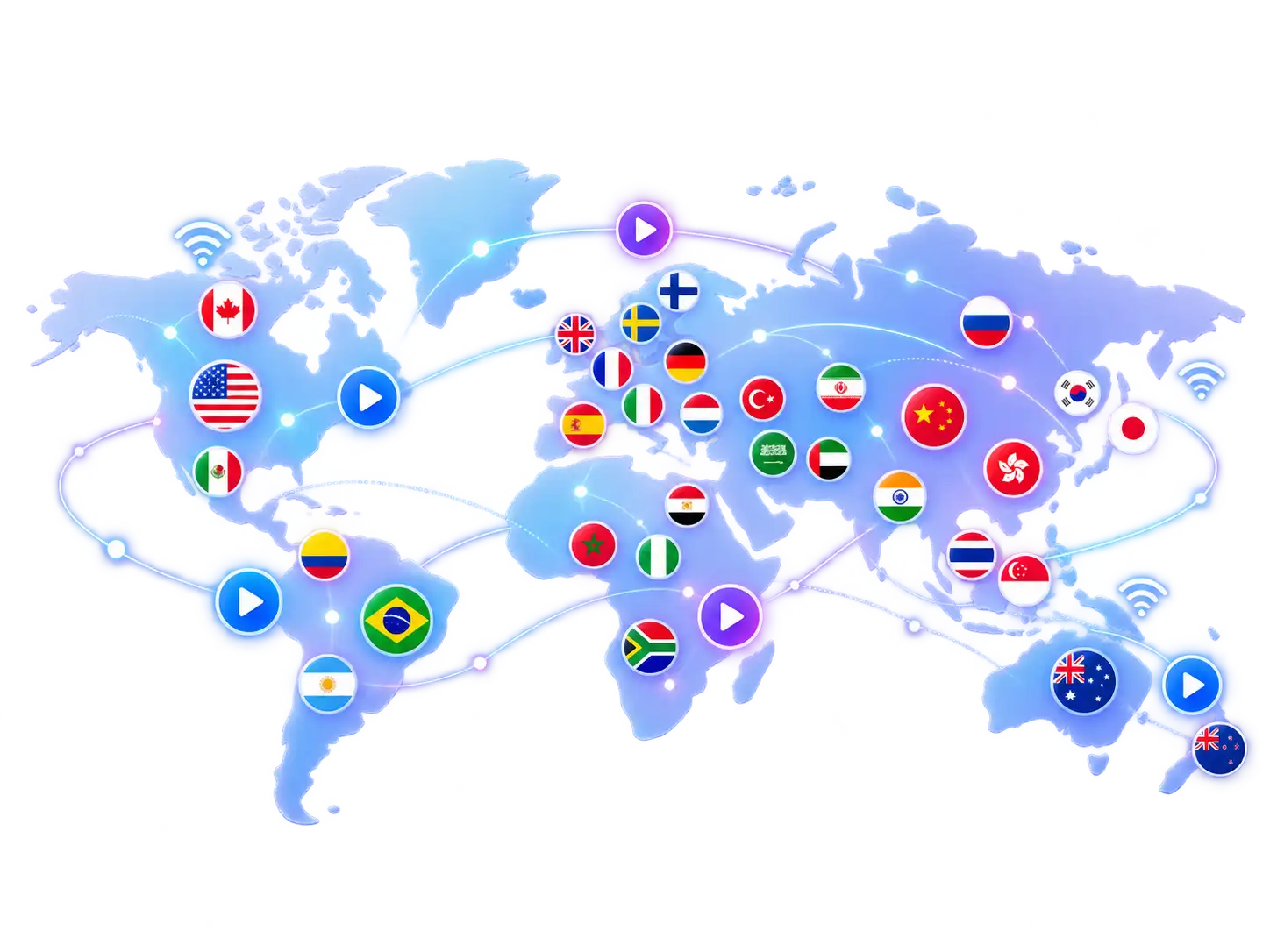 Worldwide Pillow IPTV channel coverage map showing global streaming availability