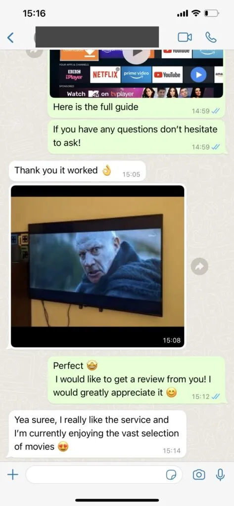 Pillow IPTV WhatsApp customer service conversation screenshot 1