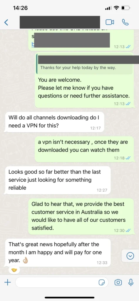 Pillow IPTV WhatsApp customer service conversation screenshot 3